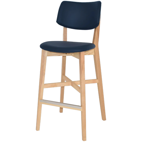 Vinnix Bar Stool With Natural Timber Frame And Custom Upholstered Seat And Back, Viewed From Angle In Front