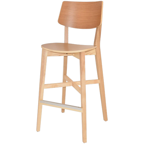 Vinnix Bar Stool With Natural Timber Frame And Veneer Seat, Viewed From Angle In Front