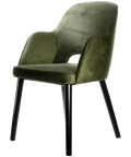 Alfi Armchair With Avocado Velvet Shell And Black Timber Legs, Viewed From Angle In Front