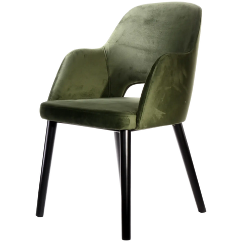 Alfi Armchair With Avocado Velvet Shell And Black Timber Legs, Viewed From Angle In Front