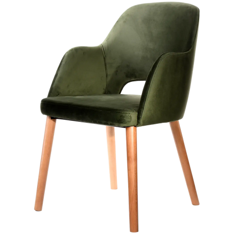 Alfi Armchair With Avocado Velvet Shell And Trojan Oak Timber Legs, Viewed From Angle In Front