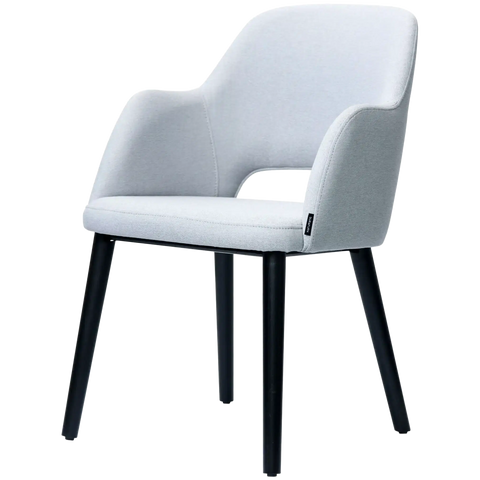 Alfi Armchair With Light Grey Woven Shell And Black Timber Legs, Viewed From Angle In Front
