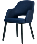 Alfi Armchair With Navy Woven Shell And Black Timber Legs, Viewed From Angle In Front