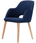 Alfi Armchair With Navy Woven Shell And Trojan Oak Timber Legs, Viewed From Angle In Front