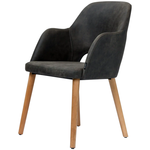 Alfi Armchair With Vintage Charcoal Shell And Trojan Oak Timber Legs, Viewed From Angle In Front