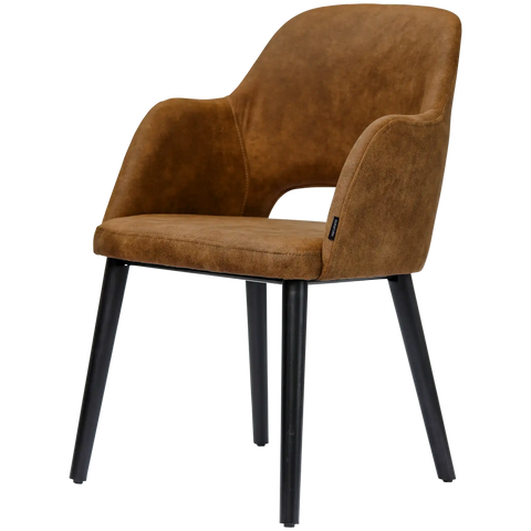 Alfi Armchair With Vintage Tan Shell And Black Timber Legs, Viewed From Angle In Front