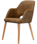 Alfi Armchair With Vintage Tan Shell And Natural Timber Legs, Viewed From Angle In Front