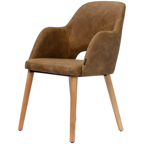 Alfi Armchair With Vintage Tan Shell And Natural Timber Legs, Viewed From Angle In Front