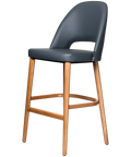 Alfi Bar Stool With Anthracite Vinyl Shell And Trojan Oak Timber Legs, Viewed From Angle In Front