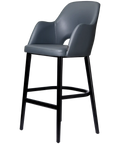 Alfi Bar Stool With Arms With Anthracite Vinyl Shell And Black Timber Legs, Viewed From Angle In Front