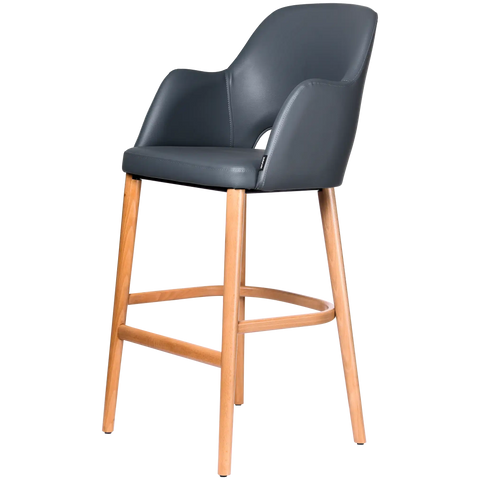 Alfi Bar Stool With Arms With Anthracite Vinyl Shell And Trojan Oak Timber Legs, Viewed From Angle In Front
