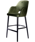 Alfi Bar Stool With Arms With Avocado Velvet Shell And Black Timber Legs, Viewed From Angle In Front