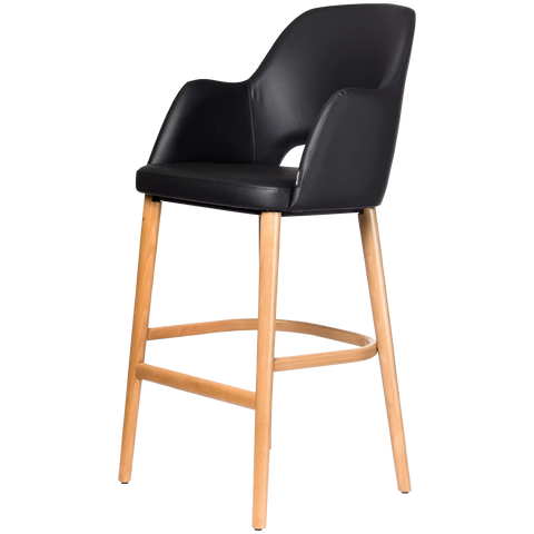 Alfi Bar Stool With Arms With Black Vinyl Shell And Trojan Oak Timber Legs, Viewed From Angle In Front