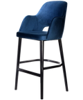Alfi Bar Stool With Arms With Denim Velvet Shell And Black Timber Legs, Viewed From Angle In Front