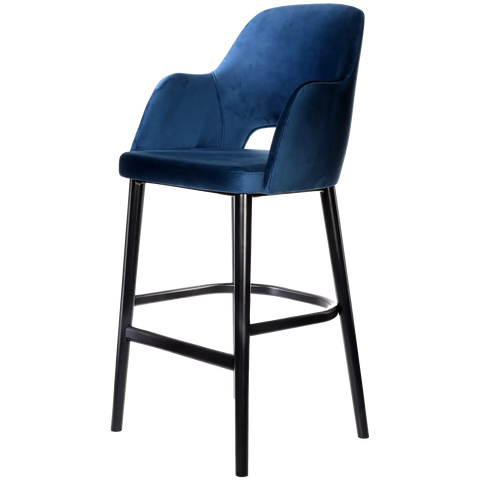 Alfi Bar Stool With Arms With Denim Velvet Shell And Black Timber Legs, Viewed From Angle In Front
