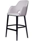 Alfi Bar Stool With Arms With Light Grey Woven Shell And Black Timber Legs, Viewed From Angle In Front