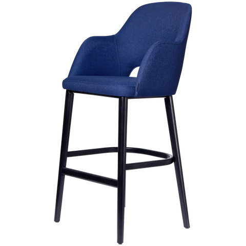 Alfi Bar Stool With Arms With Navy Woven Shell And Black Timber Legs, Viewed From Angle In Front