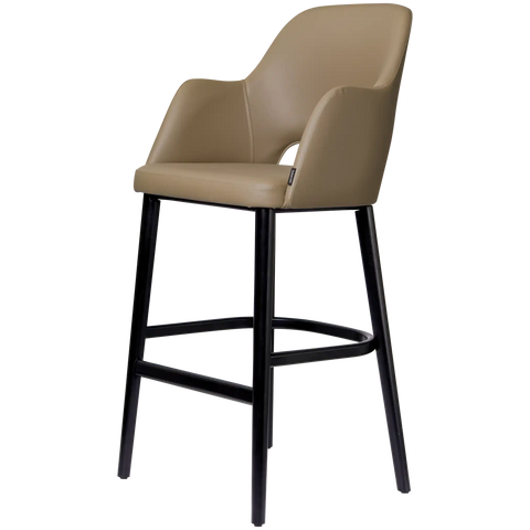 Alfi Bar Stool With Arms With Taupe Vinyl Shell And Black Timber Legs, Viewed From Angle In Front