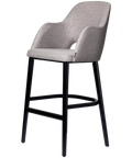 Alfi Bar Stool With Arms With Taupe Woven Shell And Black Timber Legs, Viewed From Angle In Front