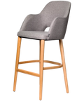Alfi Bar Stool With Arms With Taupe Woven Shell And Trojan Oak Timber Legs, Viewed From Angle In Front