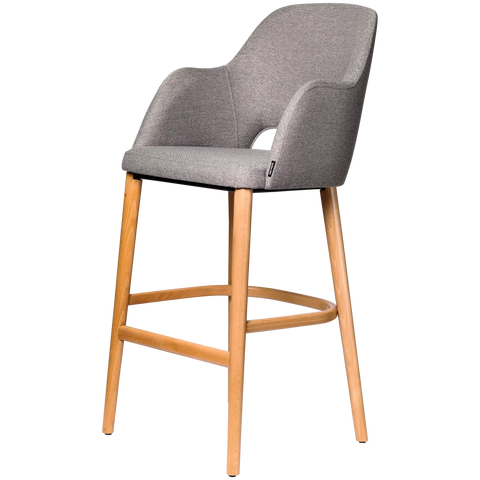 Alfi Bar Stool With Arms With Taupe Woven Shell And Trojan Oak Timber Legs, Viewed From Angle In Front