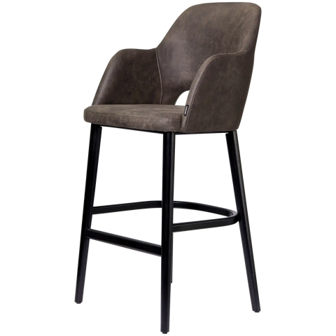 Alfi Bar Stool With Arms With Vintage Charcoal Shell And Black Timber Legs, Viewed From Angle In Front