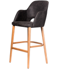 Alfi Bar Stool With Arms With Vintage Charcoal Shell And Trojan Oak Timber Legs, Viewed From Angle In Front