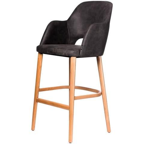 Alfi Bar Stool With Arms With Vintage Charcoal Shell And Trojan Oak Timber Legs, Viewed From Angle In Front