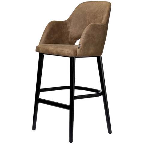 Alfi Bar Stool With Arms With Vintage Mocha Shell And Black Timber Legs, Viewed From Angle In Front