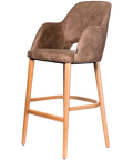 Alfi Bar Stool With Arms With Vintage Mocha Shell And Trojan Oak Timber Legs, Viewed From Angle In Front