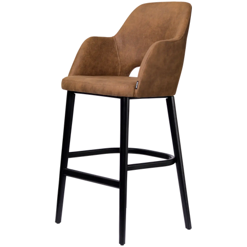 Alfi Bar Stool With Arms With Vintage Tan Shell And Black Timber Legs, Viewed From Angle In Front