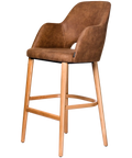 Alfi Bar Stool With Arms With Vintage Tan Shell And Trojan Oak Timber Legs, Viewed From Angle In Front