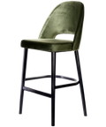 Alfi Bar Stool With Avocado Velvet Shell And Black Timber Legs, Viewed From Angle In Front