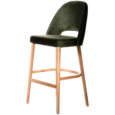 Alfi Bar Stool With Avocado Velvet Shell And Trojan Oak Timber Legs, Viewed From Angle In Front
