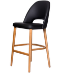 Alfi Bar Stool With Black Vinyl Shell And Black Timber Legs Trojan Oak Timber Legs, Viewed From Angle In Front