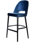 Alfi Bar Stool With Denim Velvet Shell And Black Timber Legs, Viewed From Angle In Front