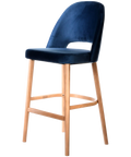 Alfi Bar Stool With Denim Velvet Shell And Trojan Oak Timber Legs, Viewed From Angle In Front