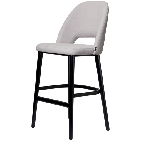 Alfi Bar Stool With Light Grey Woven Shell And Black Timber Legs, Viewed From Angle In Front