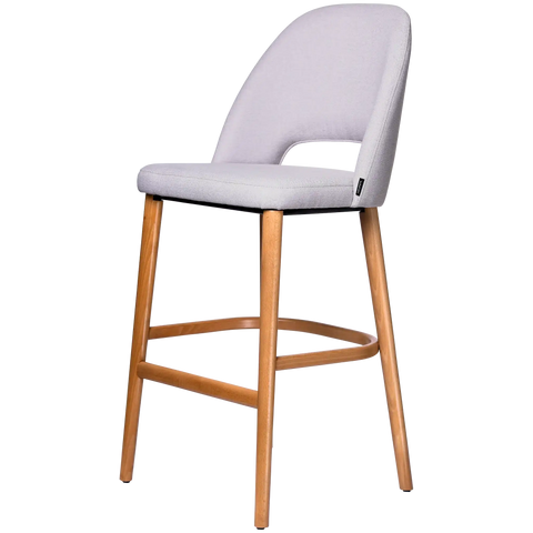 Alfi Bar Stool With Light Grey Woven Shell And Trojan Oak Timber Legs, Viewed From Angle In Front