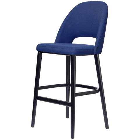 Alfi Bar Stool With Navy Woven Shell And Black Timber Legs, Viewed From Angle In Front