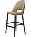 Alfi Bar Stool With Taupe Vinyl Shell And Black Timber Legs, Viewed From Angle In Front