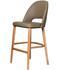 Alfi Bar Stool With Taupe Vinyl Shell And Trojan Oak Timber Legs, Viewed From Angle In Front
