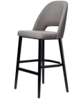 Alfi Bar Stool With Taupe Woven Shell And Black Timber Legs, Viewed From Angle In Front