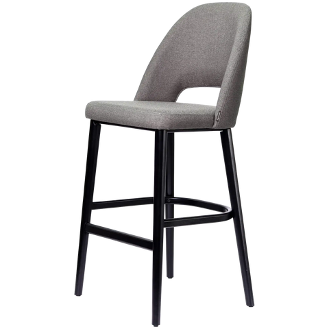 Alfi Bar Stool With Taupe Woven Shell And Black Timber Legs, Viewed From Angle In Front
