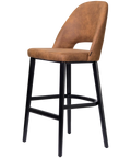 Alfi Bar Stool With Vintage Tan Shell And Black Timber Legs, Viewed From Angle In Front