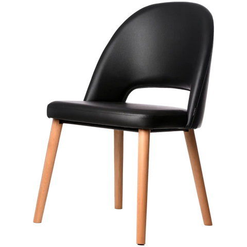 Alfi Chair With Black Vinyl Shell And Trojan Oak Timber Legs, Viewed From Angle In Front