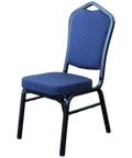 Bradman Chair With Blue Fabric Upholstery And Black Frame, Viewed Angle In Front