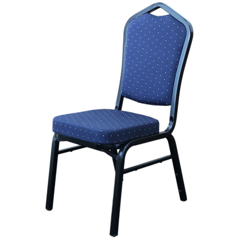 Bradman Chair With Blue Fabric Upholstery And Black Frame, Viewed Angle In Front