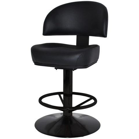 Cowell Gaming Stool In Black Vinyl On Black Disc Base With Black Column And Foot Ring, Viewed From Angle In Front