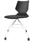 Fly Chair By Claudio Bellini With Black Shell And Custom Upholstered Seat Pad On White Swivel Frame, Viewed From Angle In Front